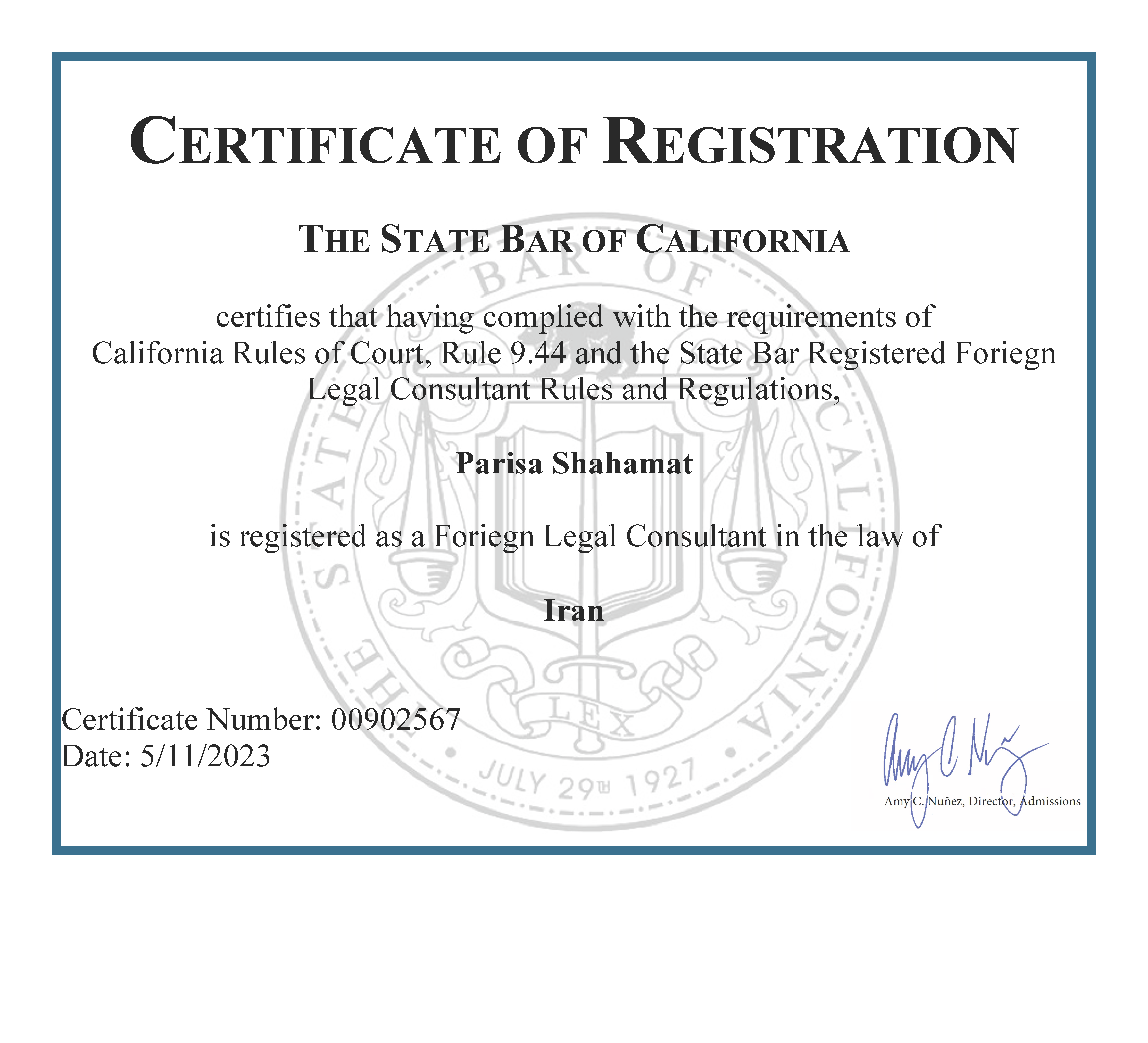 Foreign Legal Consultant Certificate